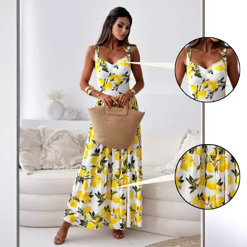 💕50% OFF🍋Elegant long spaghetti strap lemon print dress for women