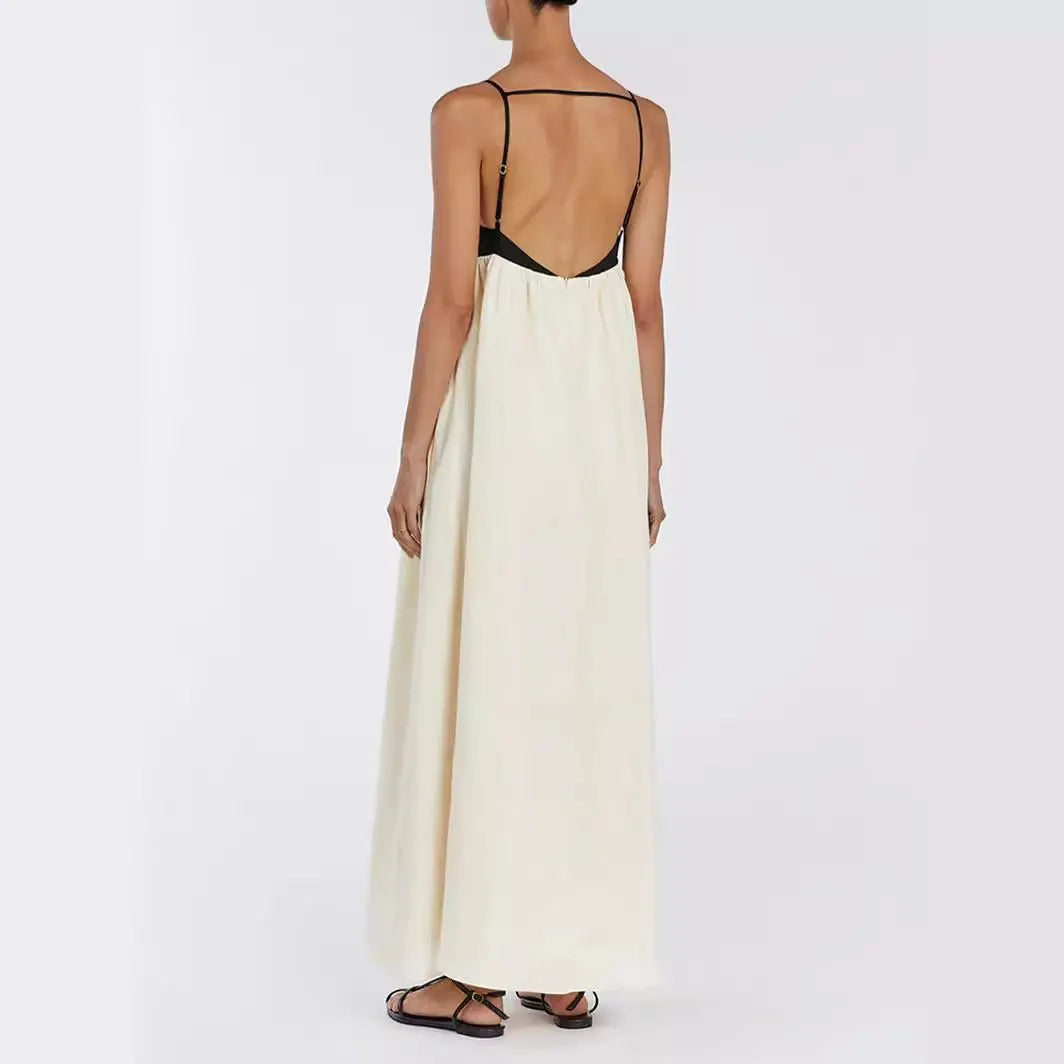 Contrast color suspender maxi dress