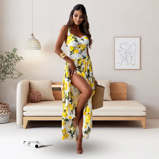 💕50% OFF🍋Elegant long spaghetti strap lemon print dress for women