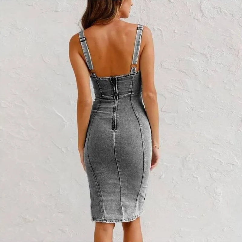 Adjustable Straps U Neck Slit Denim Dress🔥Buy 2 Free Shipping🔥