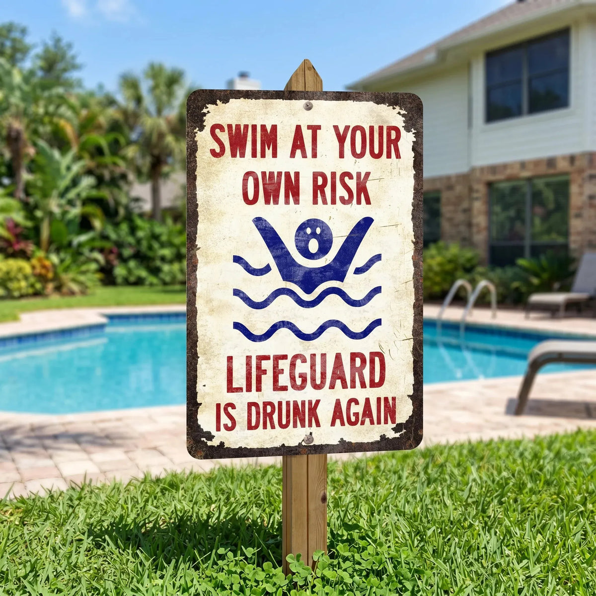🔥LAST DAY 50% OFF - 🏊Vintage "Lifeguard Is Drunk Again" Pool Sign – Funny Metal Pool Wall Decor 😂🍻