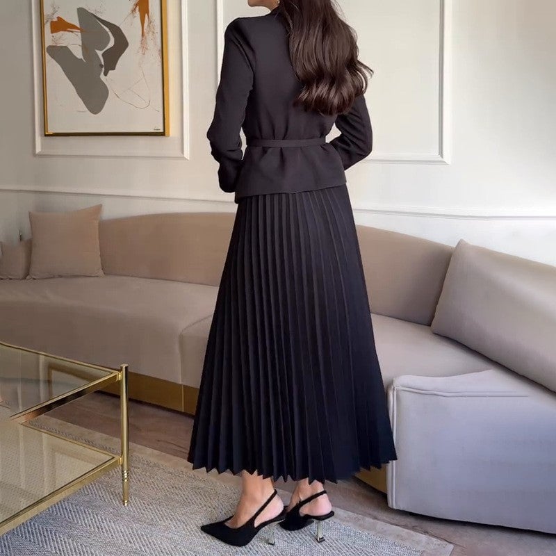 🔥Hot sale🔥Women's Blazer with Lapels and Maxi Pleated Skirt, 2-Piece Set with Matching Belt(🚛Free shipping)