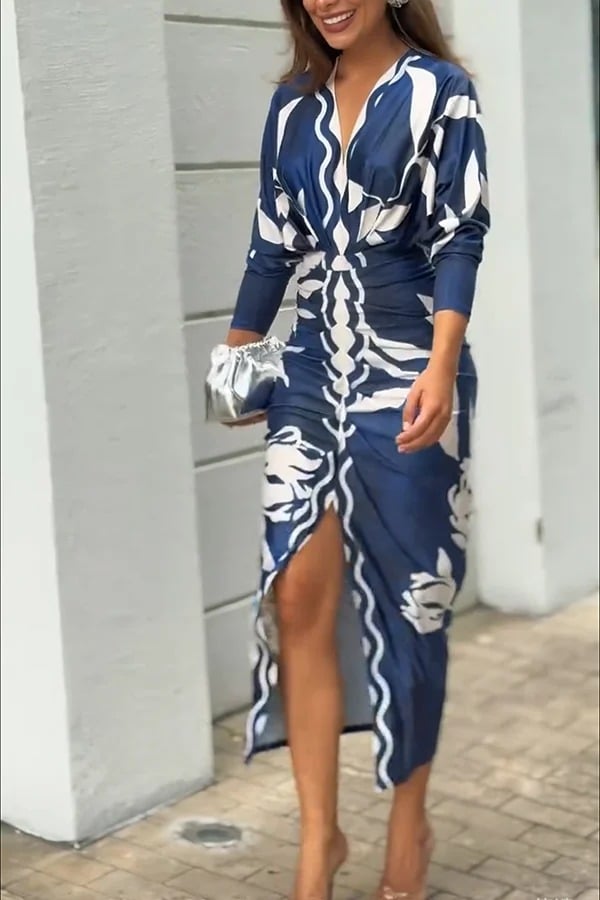 Unique Print Dolman Long Sleeve Ruched Slit Midi Dress Vestidos