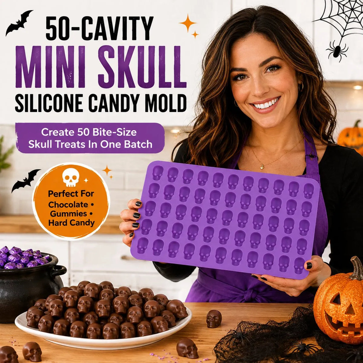 🎉49% OFF – 💀 Reusable 50-Cavity Mini Skull Silicone Candy Mold | Flexible Easy-Release Design for Chocolate, Candy Melts, Filled Treats & Halloween Desserts 🎃✨
