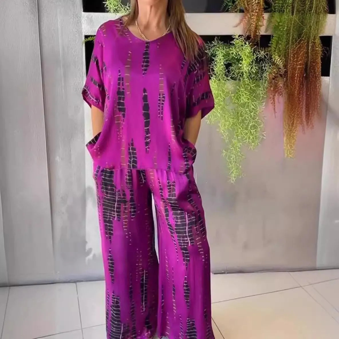 Printed Pocket Loose Blouse Wide Leg Pants Set (BUY 2 FREE SHIPPING)