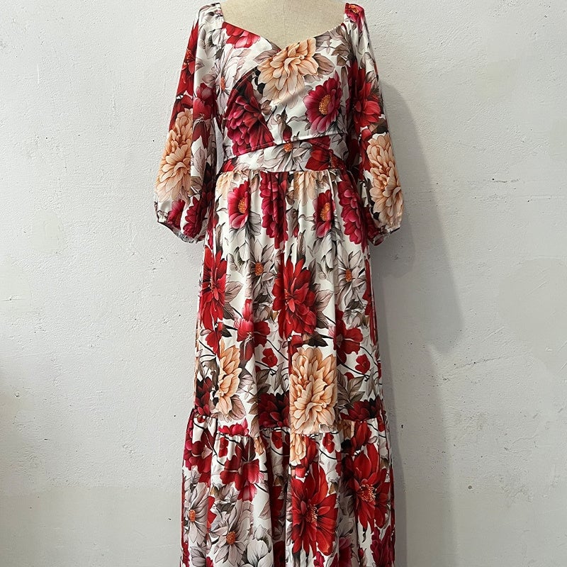 Women's V-Neck Floral Printed Pleated Dress 🌹