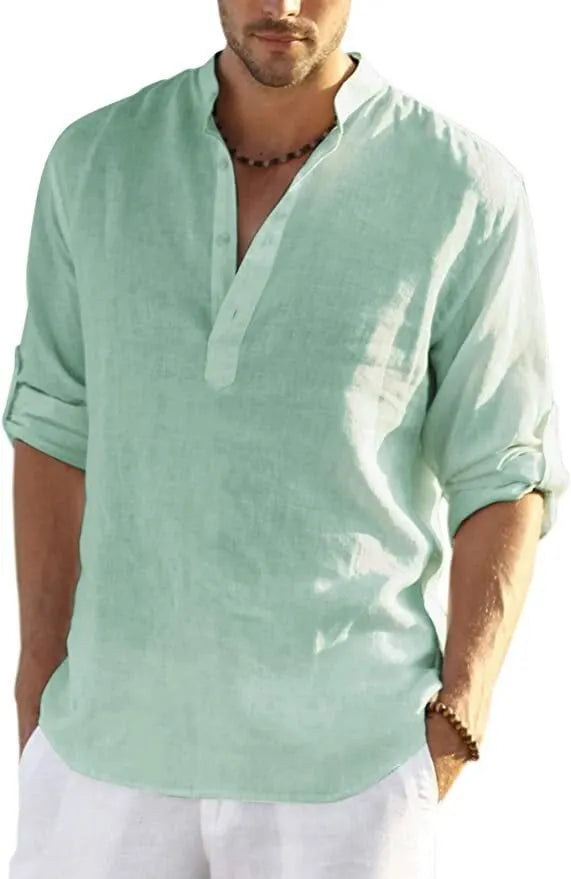 🔥Men's cotton and linen Henley Shirt Long Sleeve Hippie Casual Beach T Shirts