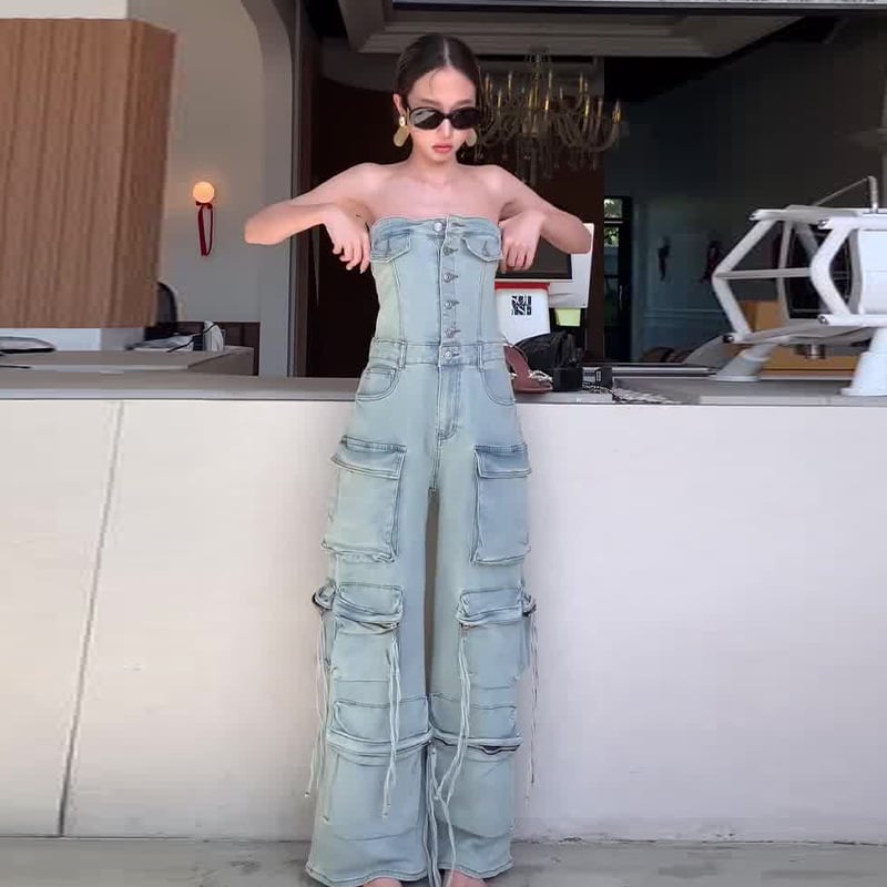 Women's Slightly Elastic Tube Top Multi-pocket Workwear Denim Jumpsuit