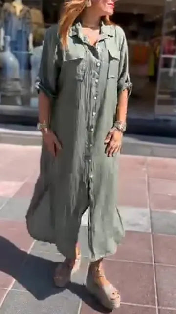 Solid Color Button Down Slit Loose Casual Shirt Dress
