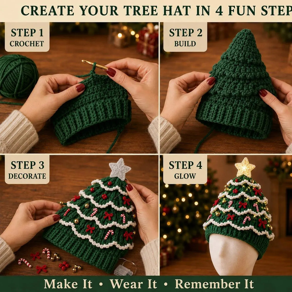 🎉🎄Beginner-Friendly Light-Up Christmas Tree Crochet Hat DIY Kit | Complete Kit with Coordinated Yarn, LED Lights & Step-by-Step Guide Included 💕
