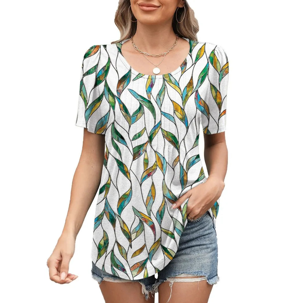 Summer Loose Pleated Round Neck Short Sleeve T-Shirt