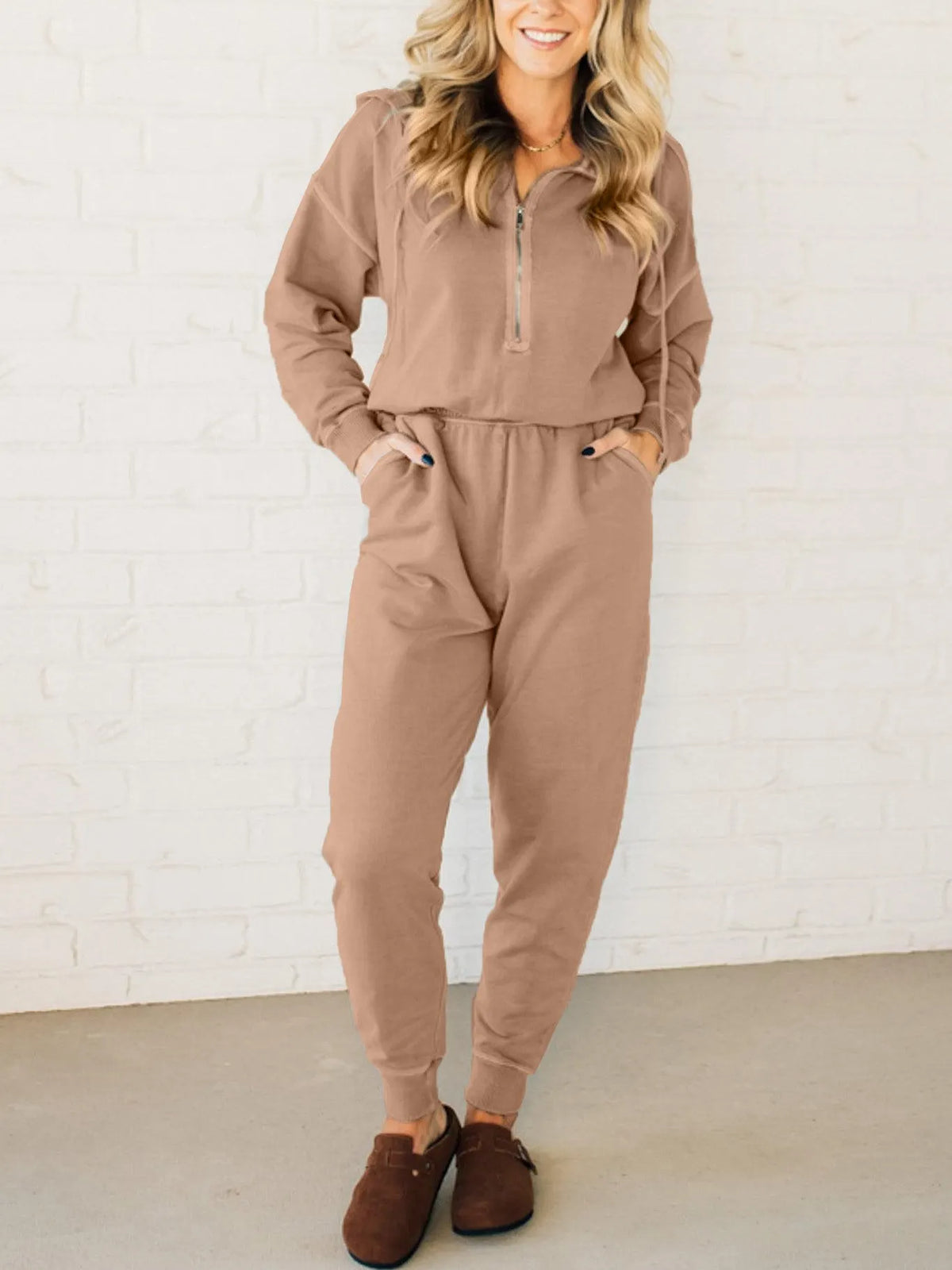 French Terry Drawstring Hooded Jumpsuit (Buy 2 Free Shipping)