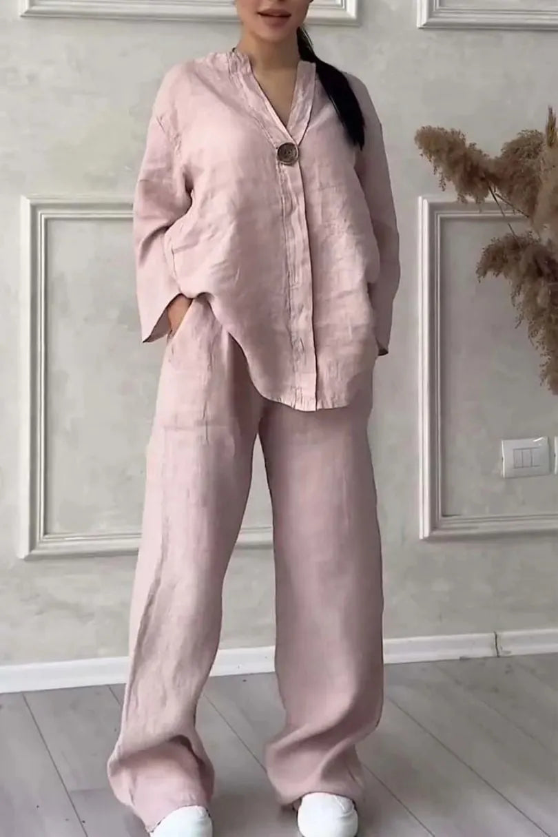 Women Casual button decorated cotton and linen two-piece set