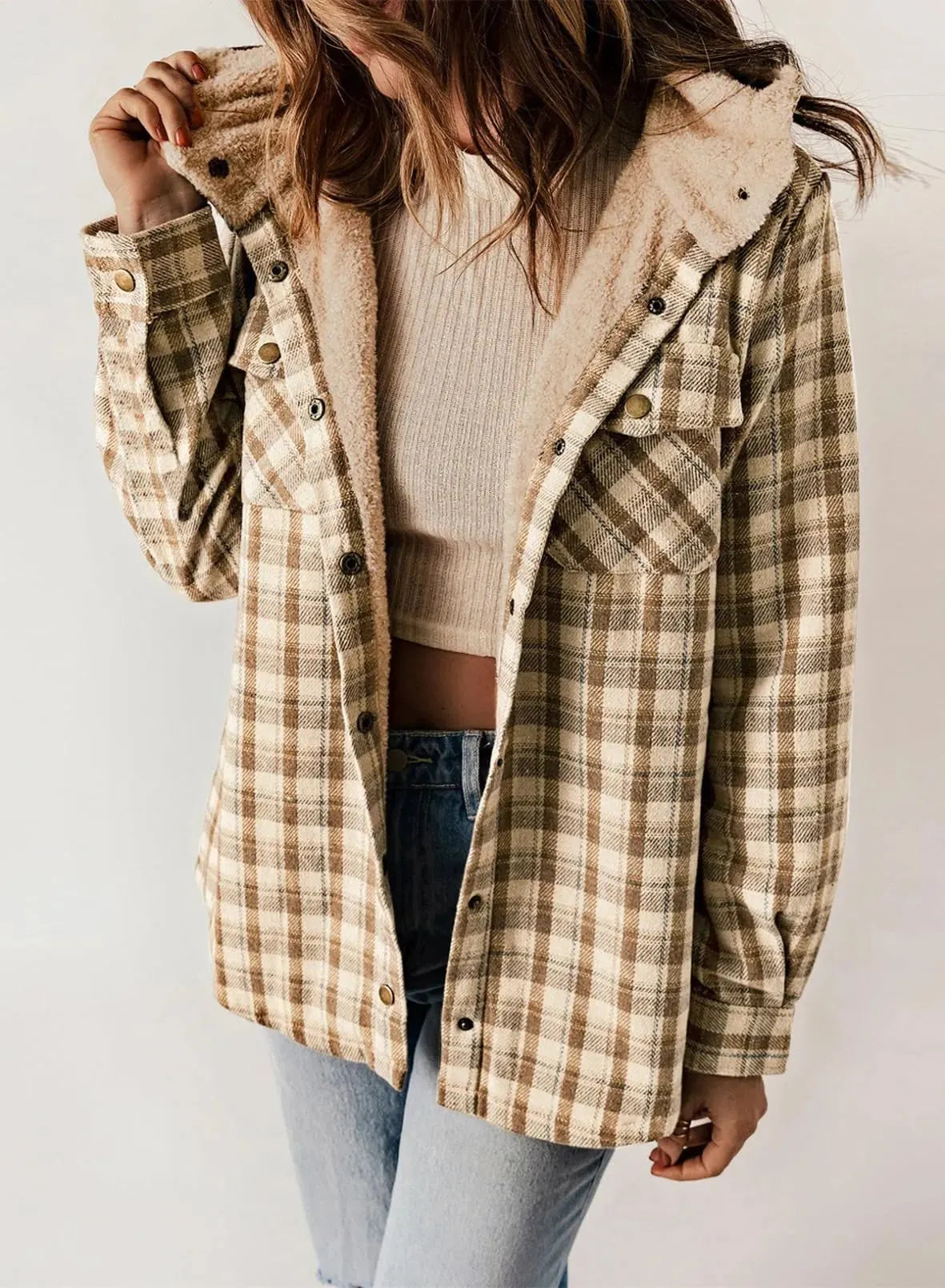 ⏰HOT SALE-WOMEN'S THICKENED FLANNEL LONG SLEEVE PLAID JACKET COAT WITH HOOD