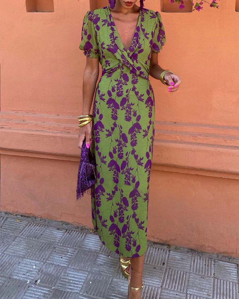 Elegant leaf print deep V puff sleeve A-line dress (Buy 2 Free Shipping)