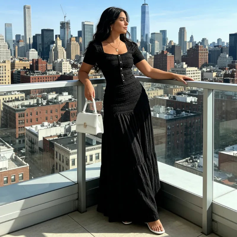 👗 LIMITED-TIME 49% OFF! ✨ Women's Square Neck Dress Set – Crinkled Fabric, Tiered Skirt, Elegant 🍷