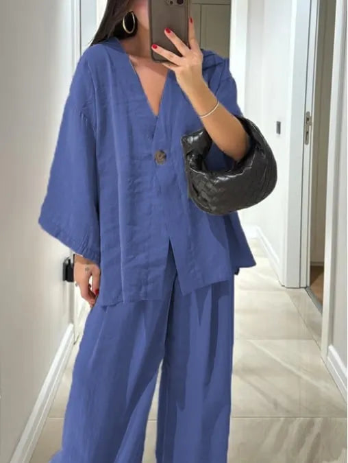 Solid color V-neck top and wide-leg pants set