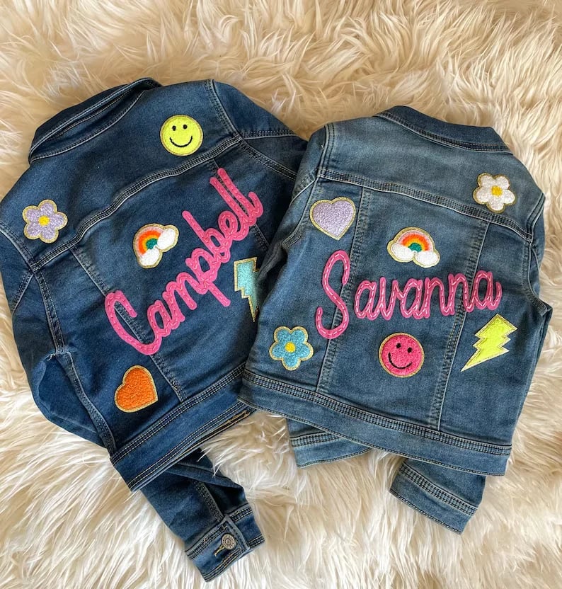 🎁[48-Hour Limited Time Offer]Baby Toddler Kids Personalized Name Embroidered Denim Jean Jacket with patches