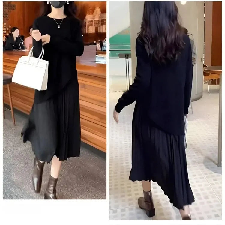 Layered Patch Knit Pleated Dress (FREE SHIPPING)
