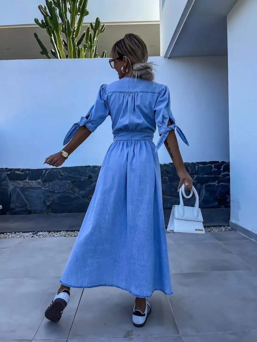 Women's V-Neck Button Down Denim Dress