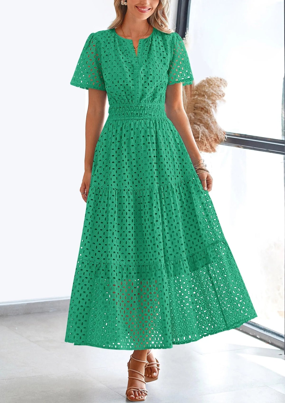 Womens Summer V Neck Maxi Dress Short Sleeve Hollow Out Flowy Beach Dress
