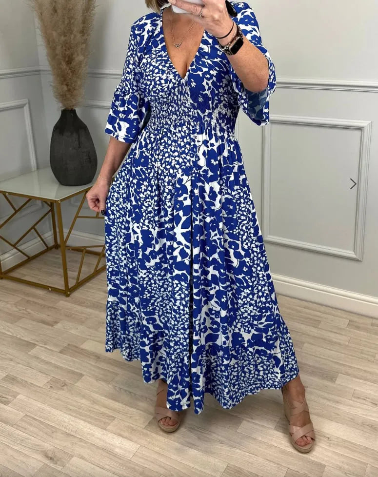 💥Buy 2 Free Shipping🔥V-neck Print Shirred Waist Dress