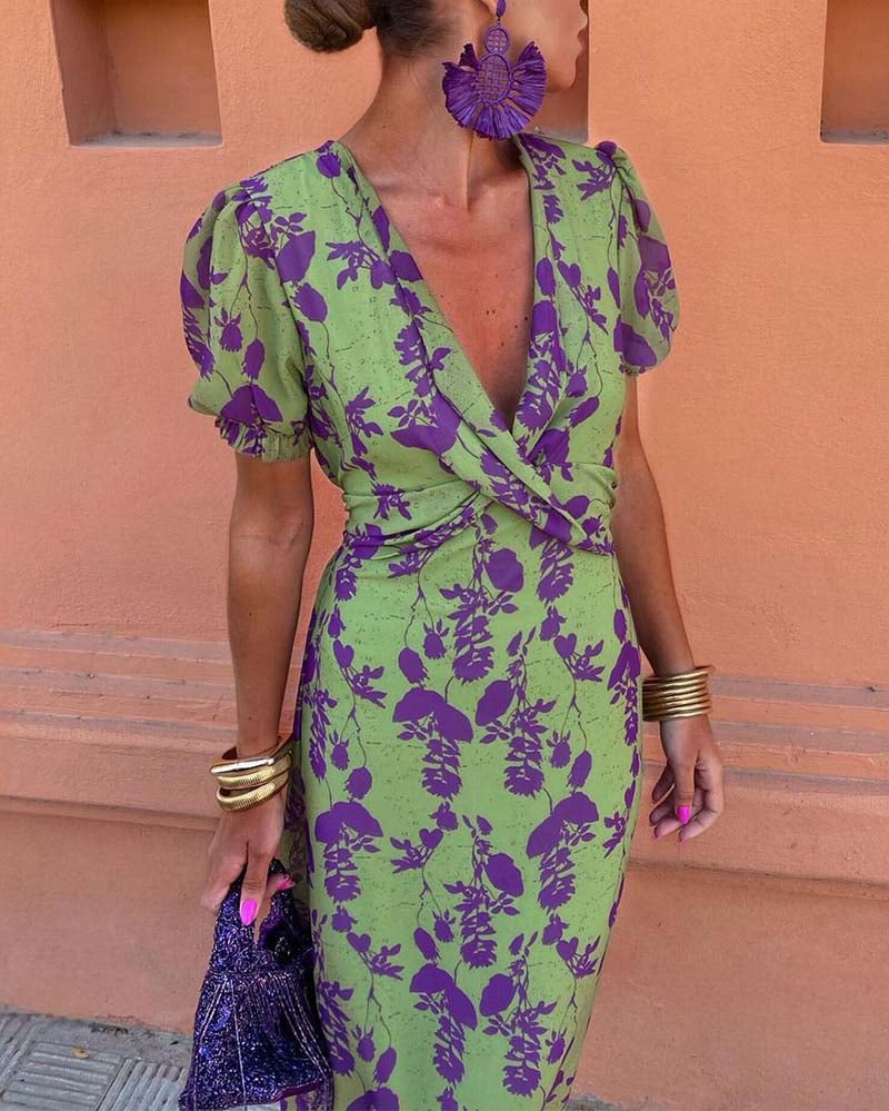 Elegant leaf print deep V puff sleeve A-line dress (Buy 2 Free Shipping)