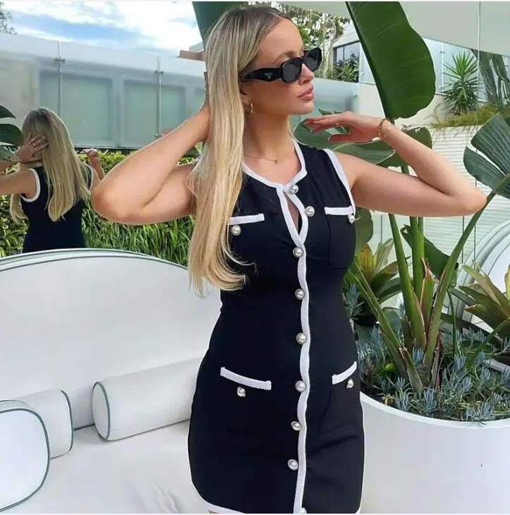 Pearl Button Sleeveless Knit Mini Dress