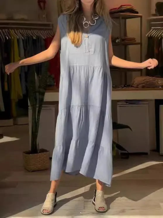 V-Neck Sleeveless Cotton-Linen Dress (Buy 2 Free Shipping)