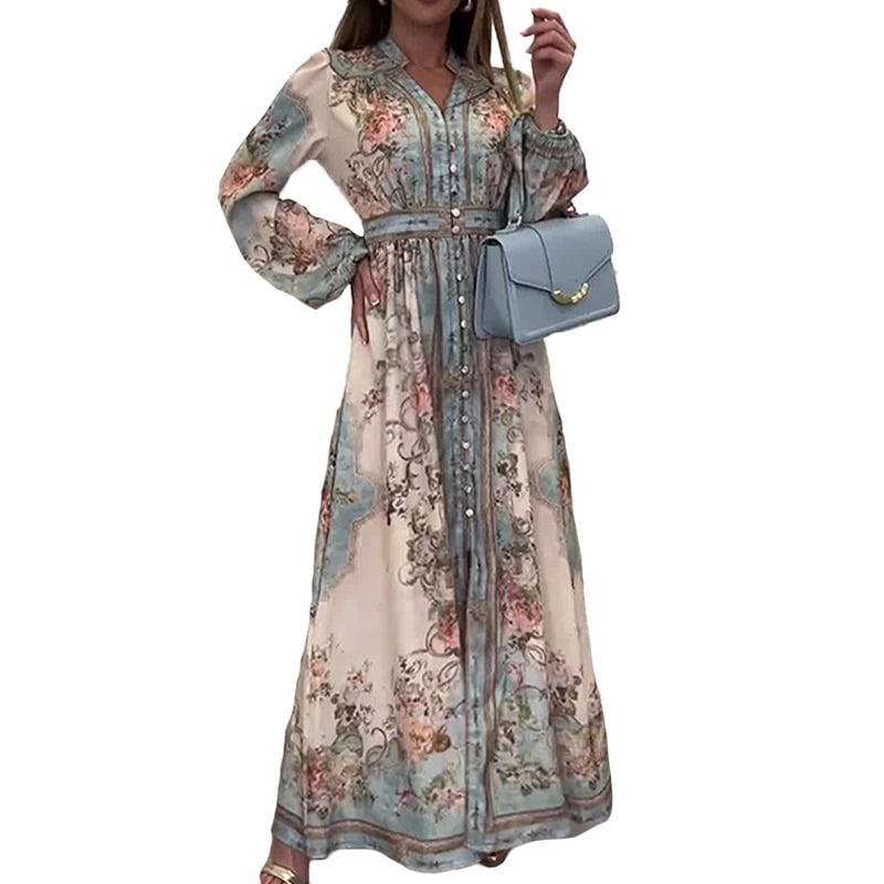 Elegant Floral Print Lantern Sleeve Buttoned A-Line Maxi Dress