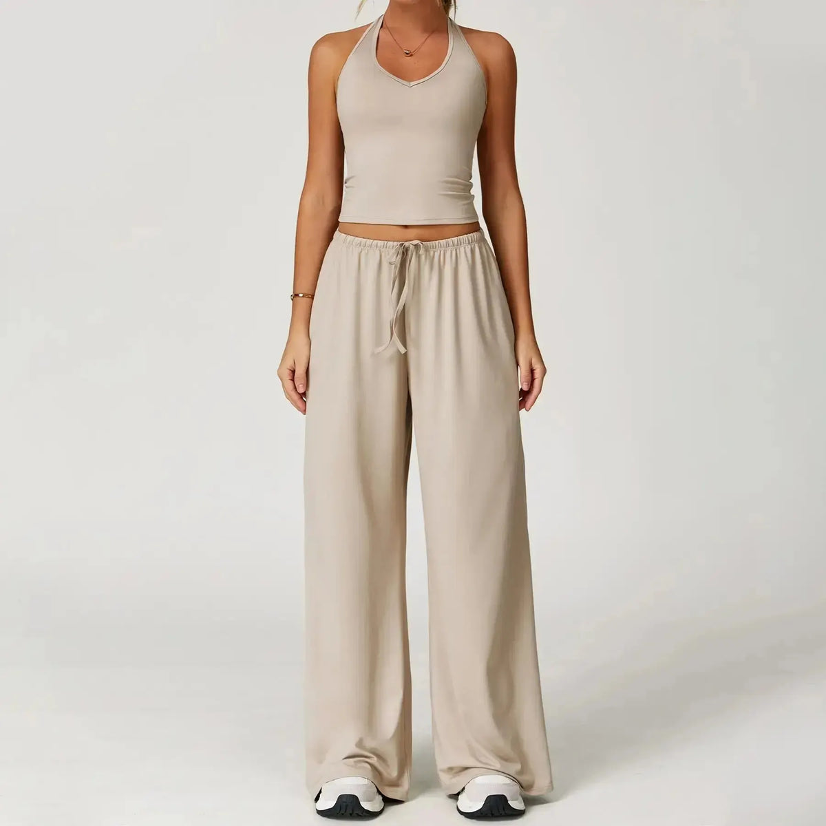 Women’s 2-Piece Silk-Like Lounge Set – V-Neck Strappy Top & Wide Leg Pants