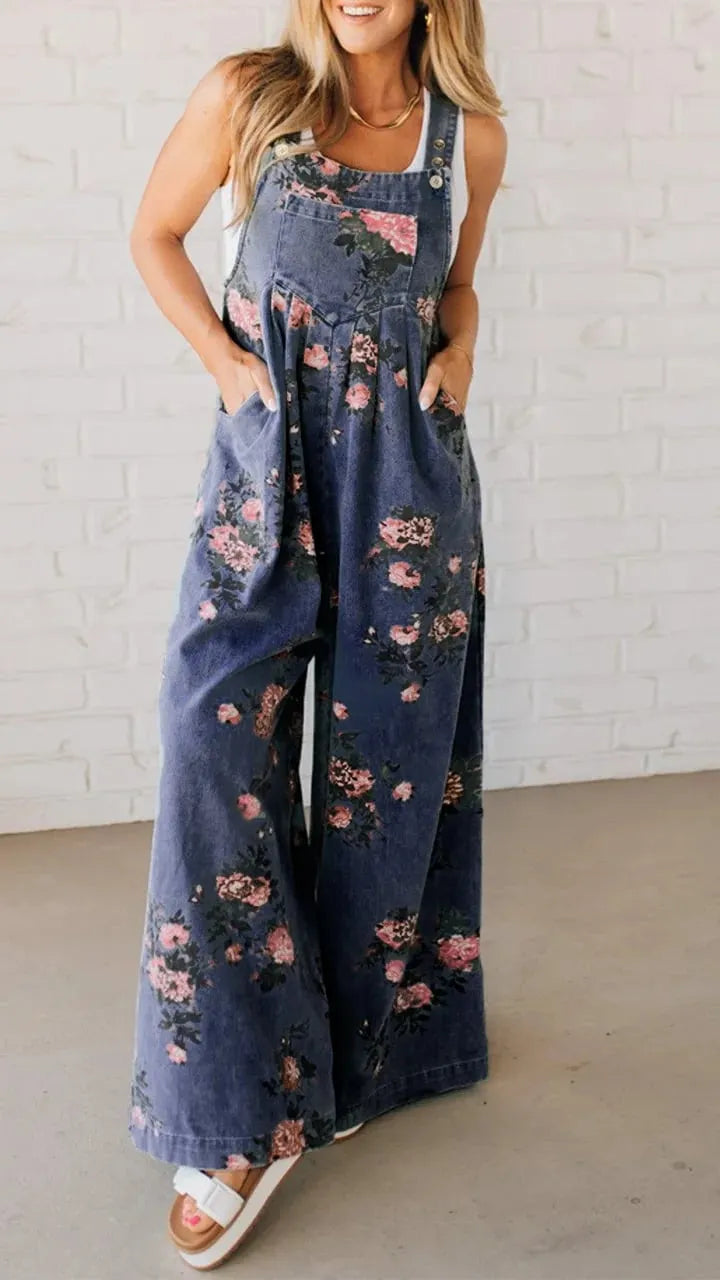Women's Printed Pocket Casual Denim Overalls