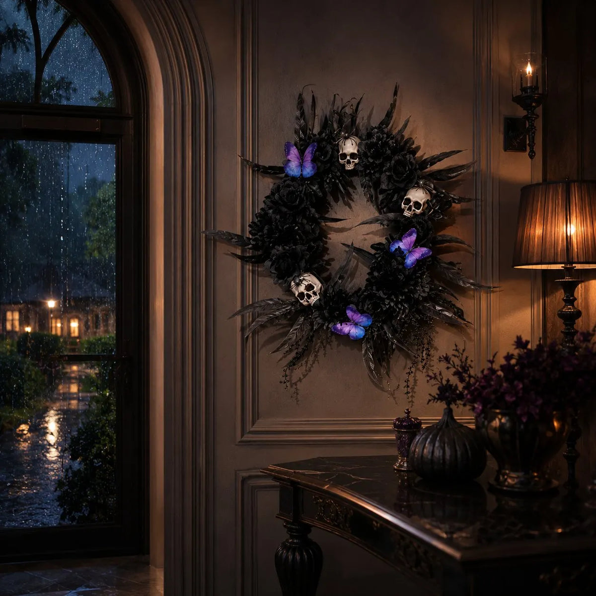 🎉Gothic Wreath with Black Roses & Butterflies, Elegant Decor for Halloween Entryway
