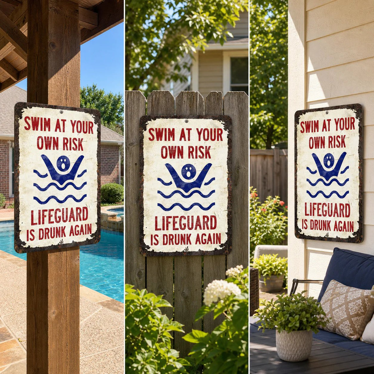 🔥LAST DAY 50% OFF - 🏊Vintage "Lifeguard Is Drunk Again" Pool Sign – Funny Metal Pool Wall Decor 😂🍻