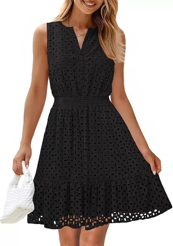 Sleeveless Dress with V-Neck, Hollow Out Eyelet and High Waist
