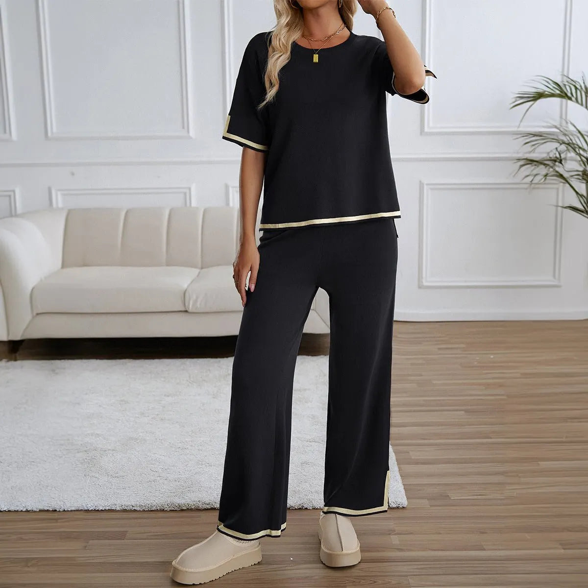 Chic Short Sleeve Knitted Pants Set