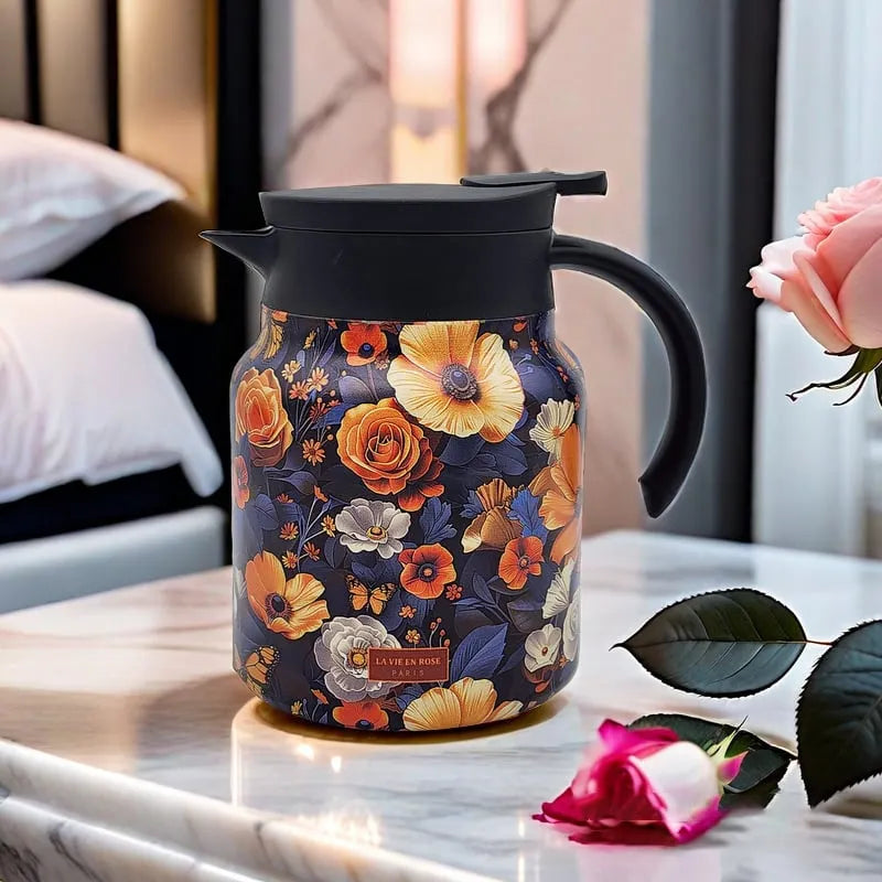 Vintage Floral Pattern Tea Thermos–Built-In Infuser