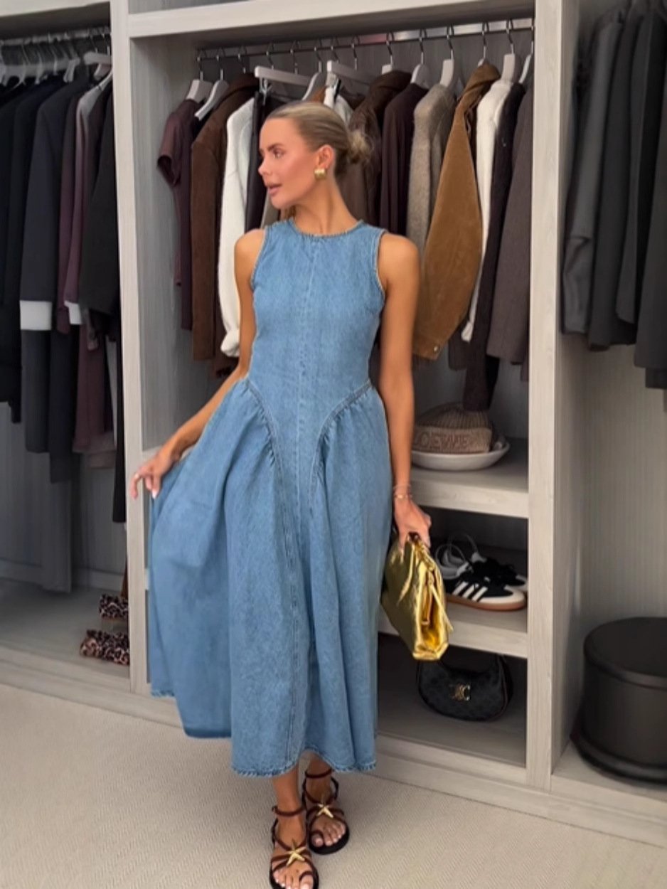 OPEN-BACK DENIM DRESS(FREE SHIPPING)