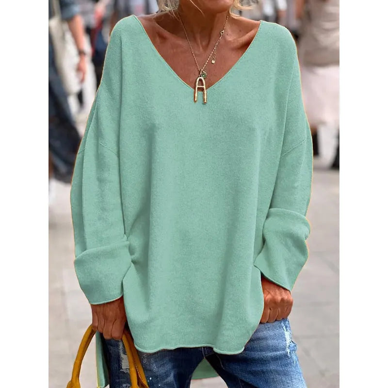 Women's V-Neck Casual Dipped Hem Oversized Sweater