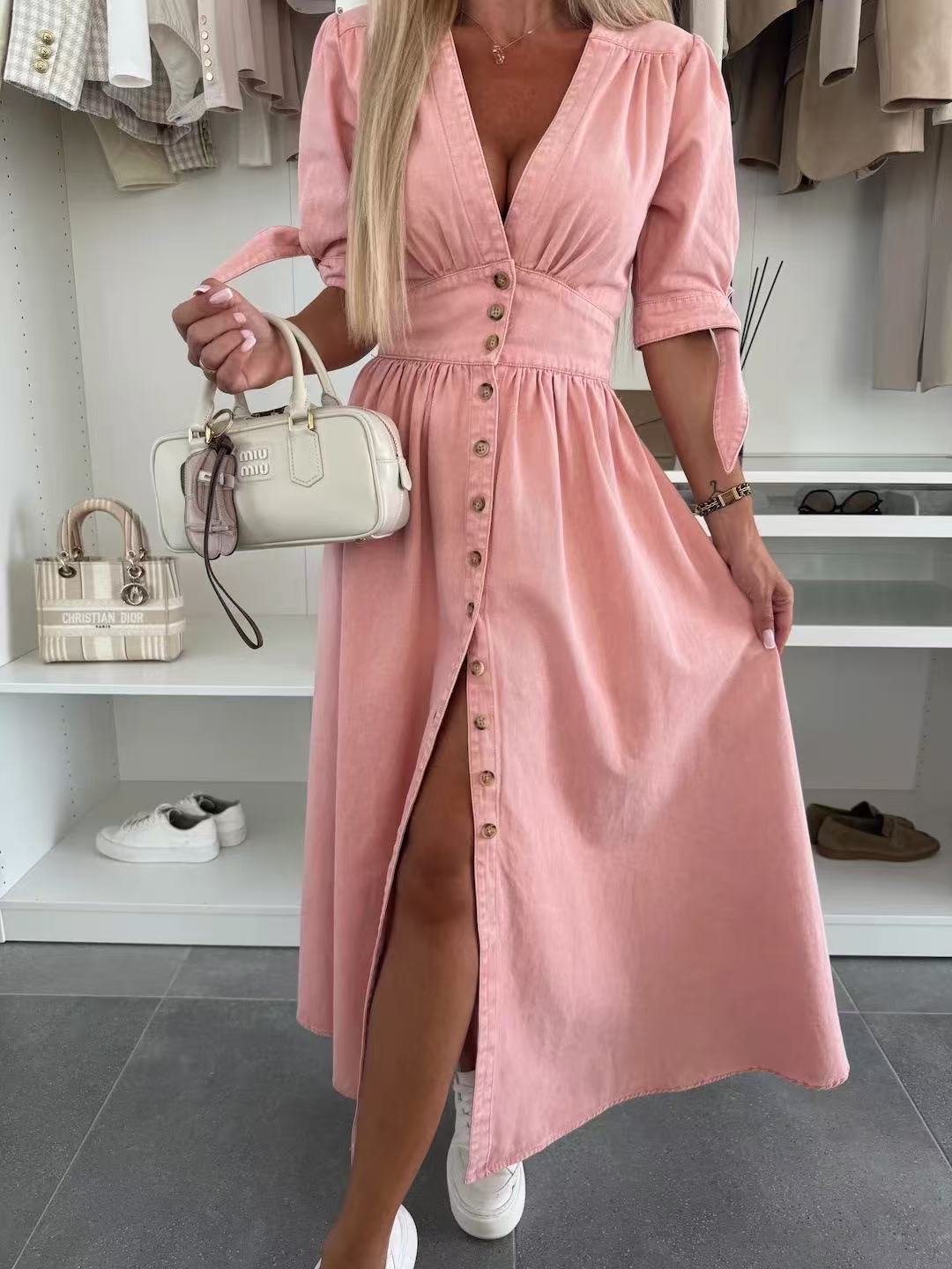 Women's V-Neck Button Down Denim Dress