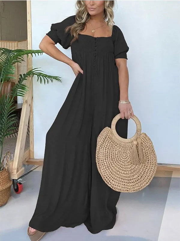 New Square Neckline Jumpsuit with Smocked Bodice Button (Buy 2 Free Shipping)