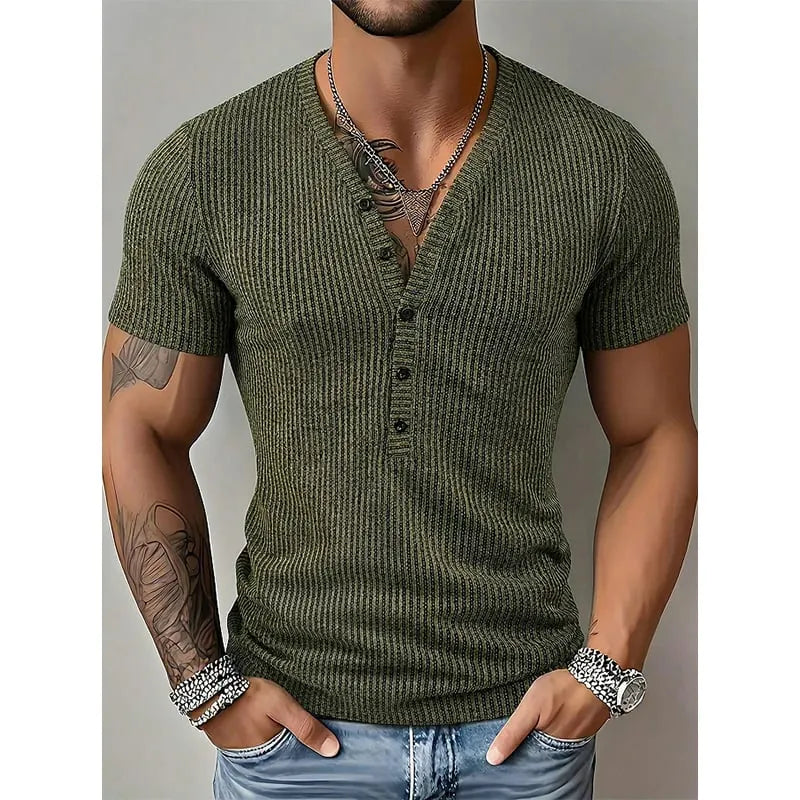 🎉⏰Men's Spring Textured Dual-Color Striped V-Neck Tee 👕 Bold Stripes, Deep V – A Modern Athletic Fit for Training & Beyond ✨