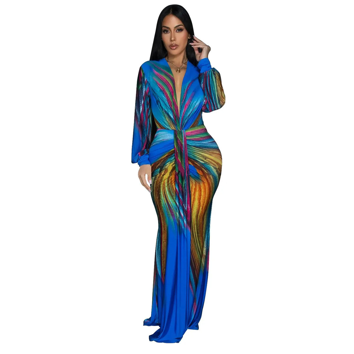 Ruched Deep V Neck Tummy Control Maxi Dress