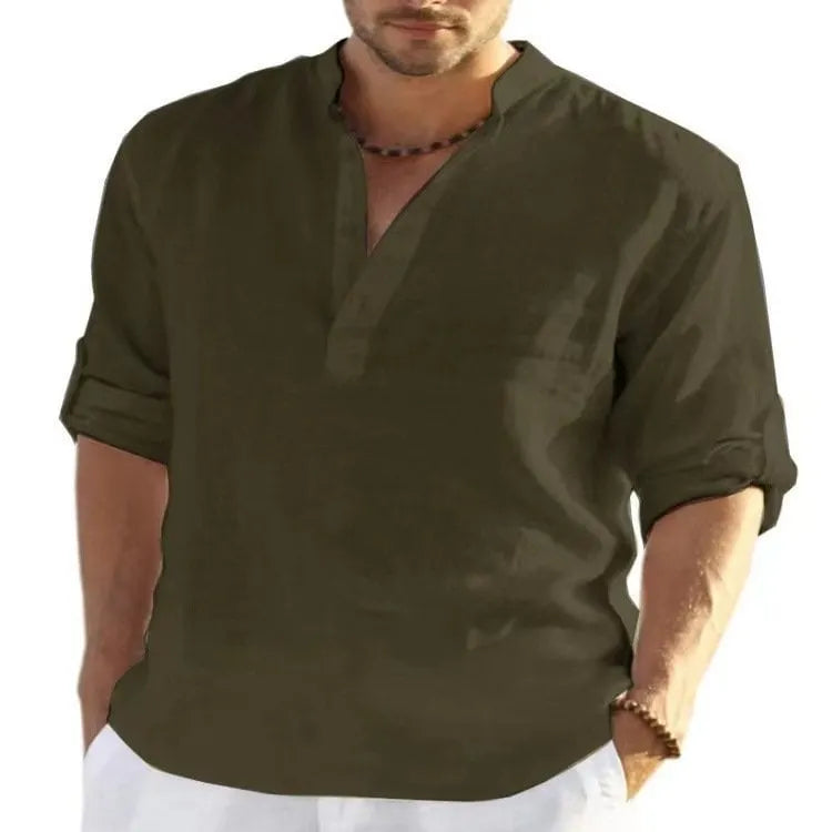 🔥Men's cotton and linen Henley Shirt Long Sleeve Hippie Casual Beach T Shirts