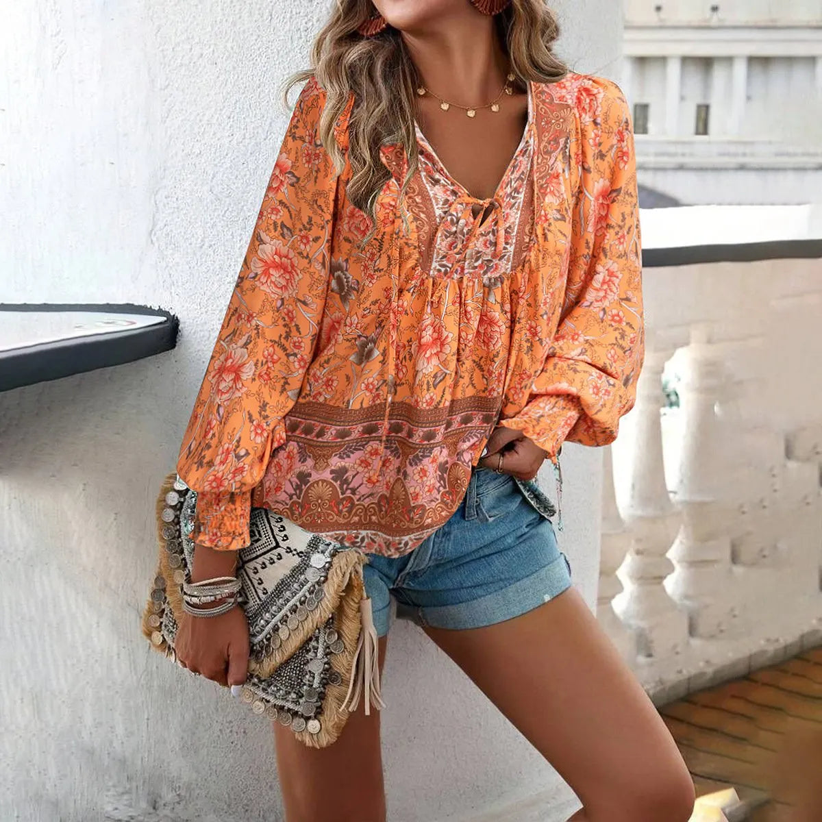 🌸Late Spring Promotion💐 Women's Fashion Printed v-Neck Long Sleeve Shirt