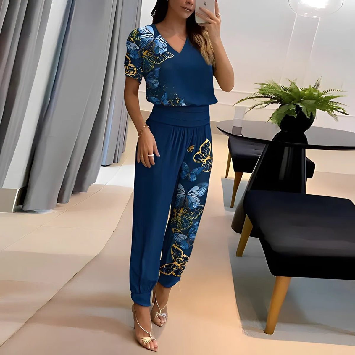v-collar printed short-sleeved pant suit 2 pieces