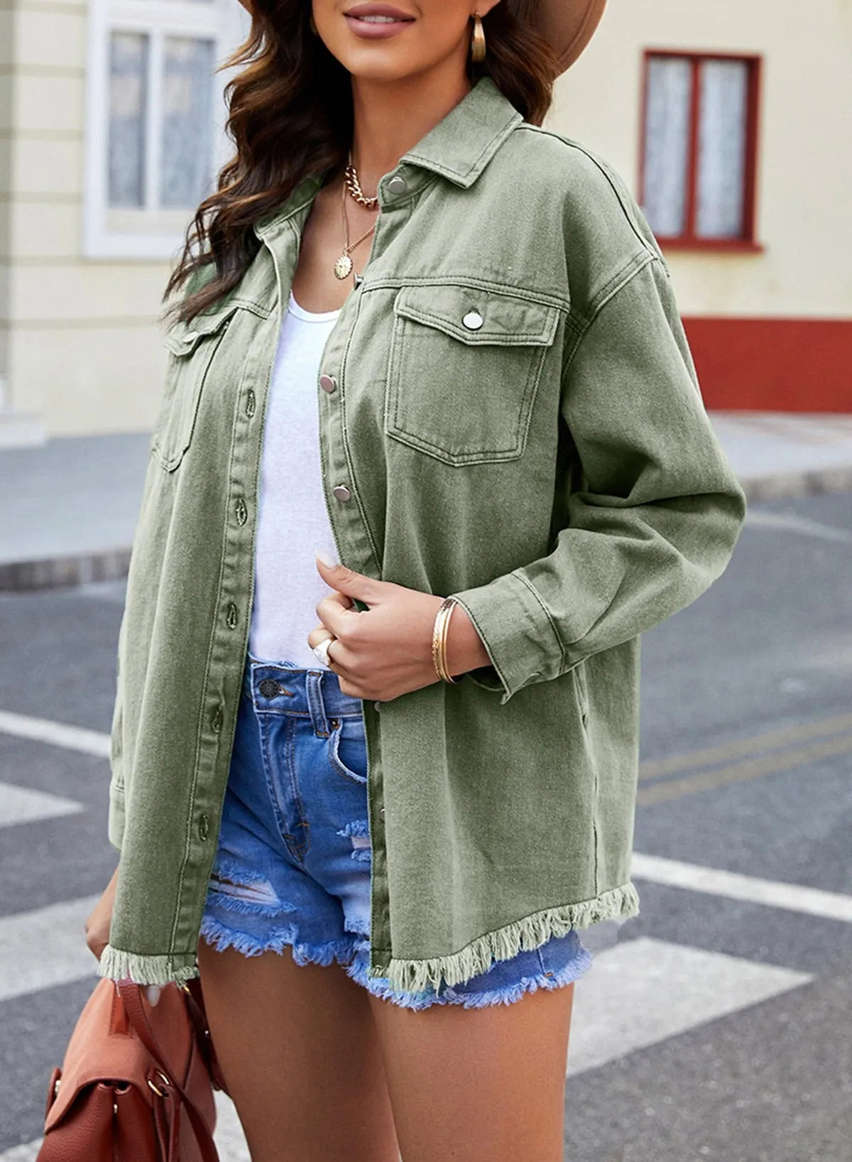 WOMEN'S CASUAL DENIM BUTTON DOWN DISTRESSED JACKET