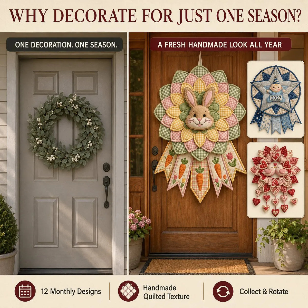 🎉 Beginner-Friendly 12-Month Themed 3D Quilted Door Hanger Sewing Kit Collection | Complete Kit with Coordinated Fabrics, Sewing Materials & Step-by-Step Guide Included 💕