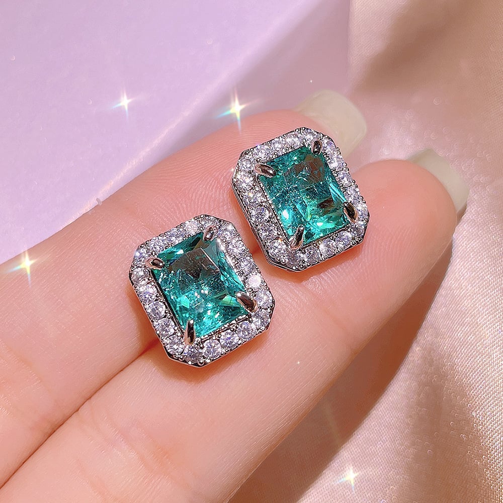 Luxury Fashion Transparent Sky Blue Crystal Square Stud Earrings