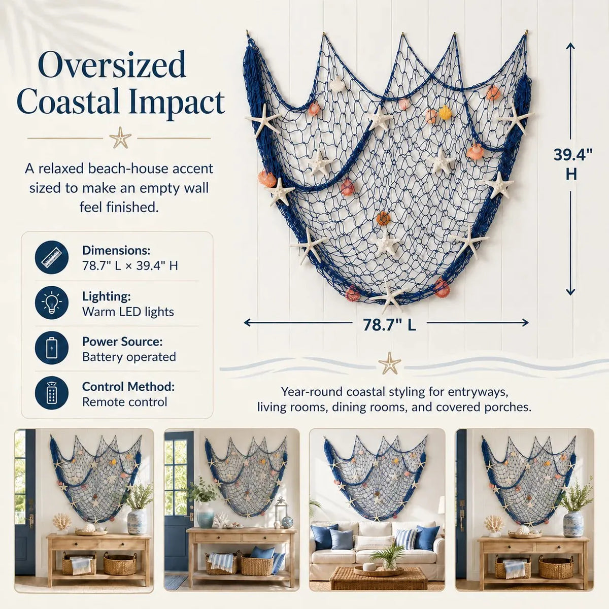 🔥HOT SALE🔥🌊✨ Coastal Fishing Net Wall Hanging with Fairy Lights